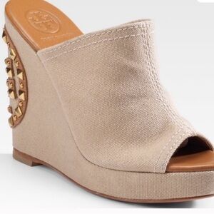 Tory Burch Tan Canvas Wedge Mules